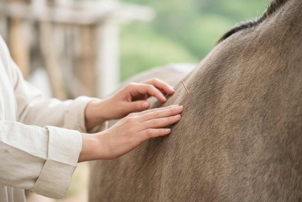 Hands locating an acupuncture point on a horse
